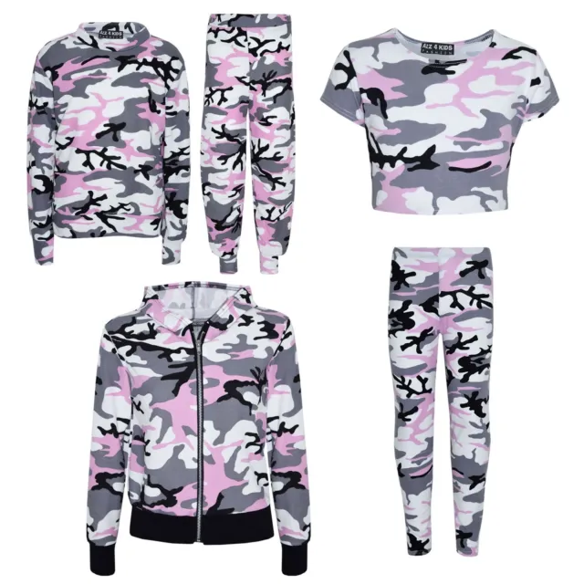Kids Gilrs Camouflage Print Crop Top Legging Jacket Tracksuit Age 7-13 Years