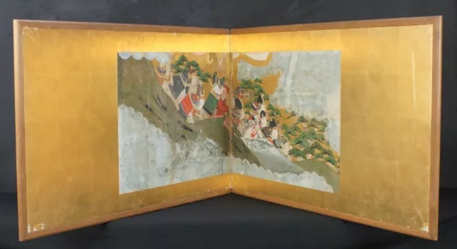 Antique Japan Byobu painting Edo era 1700s gold leaf on paper watercolor art