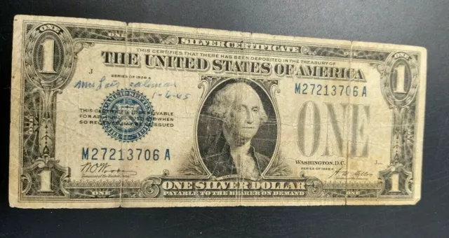 1928 $1 Funnyback Funny Back Silver Certificate Great Depression Written Note