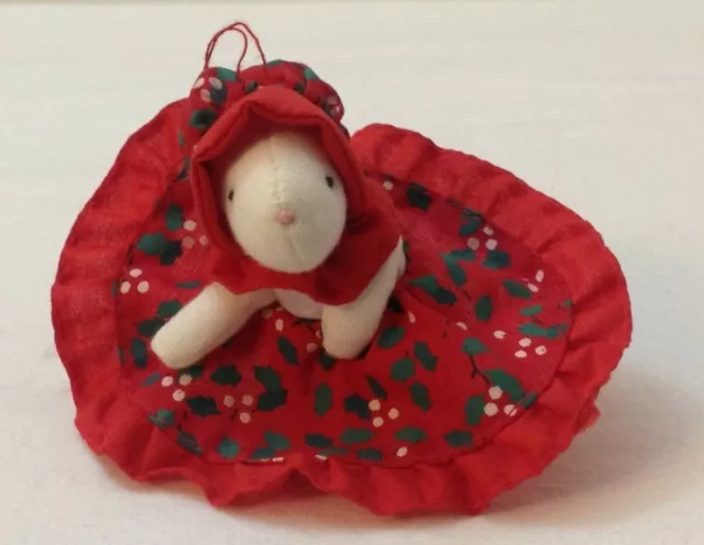 Vtg Russ Berrie Girl Mouse Xmas Ornament Red Dress Bonnet Holly Leaves 1980's