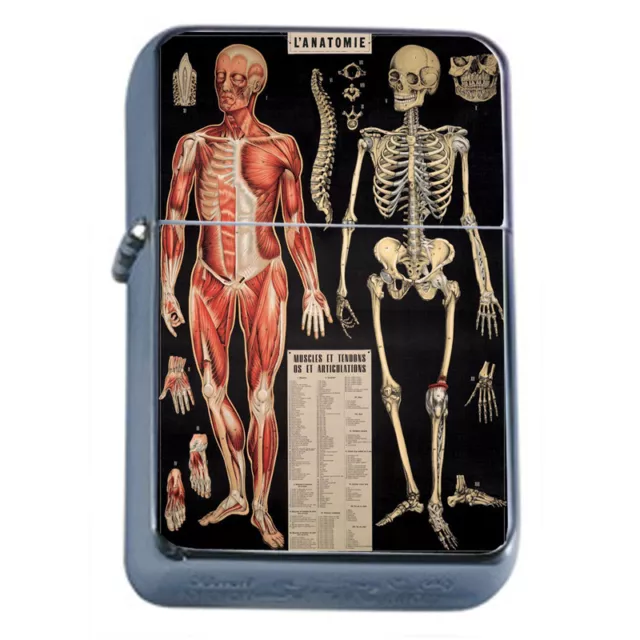 Silver Flip Top Oil Lighter Vintage Poster D 41 L'Anatomie Human Body Skeleton