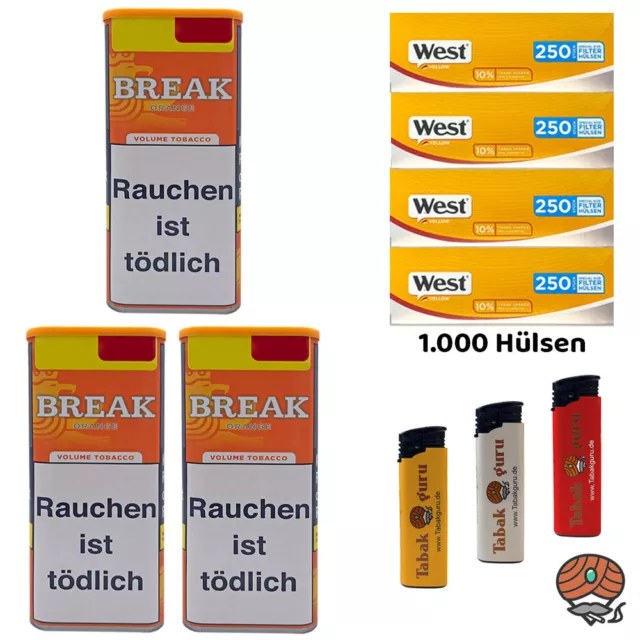 Break Orange Tabak Dose 3x 100g, West Yellow Extra Hülsen, Feuerzeuge