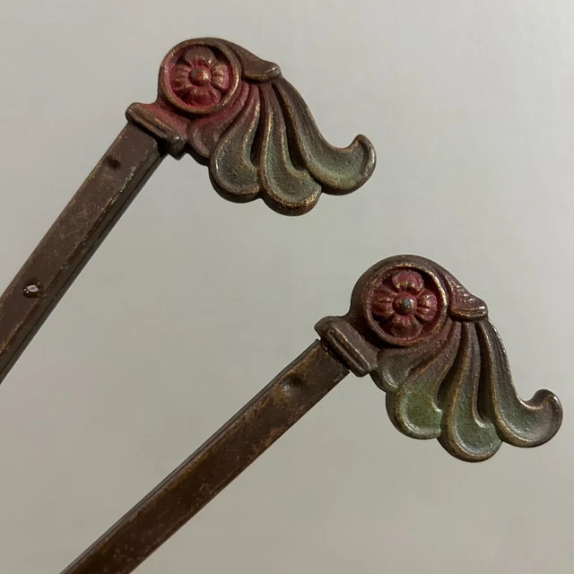 Antique Victorian Swing Arm Adjustable Curtain Rods Painted Metal Scroll Floral 2