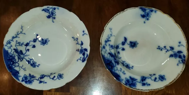 2 Antique Flow Blue 10" Serving Bowls W.H. Grindley "Duchess" Pattern, 1891-1914