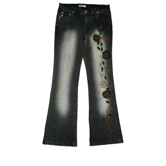 MISS SIXTY Jeans Hose Bootcut stretch 38 W29 L33 grau Perlen Stickerei Blümchen