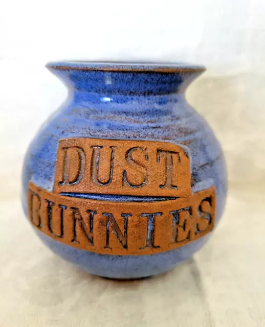Studio pottery jar vase Dust Bunnies blue glaze signed 4" tall