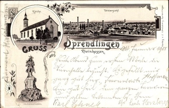 Litho Sprendlingen in Rheinhessen, Kirche, Kriegerdenkmal,... - 10074852