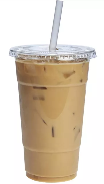 24 oz [ 100 Set ] Clear Plastic Disposable Cups With Flat Lids.