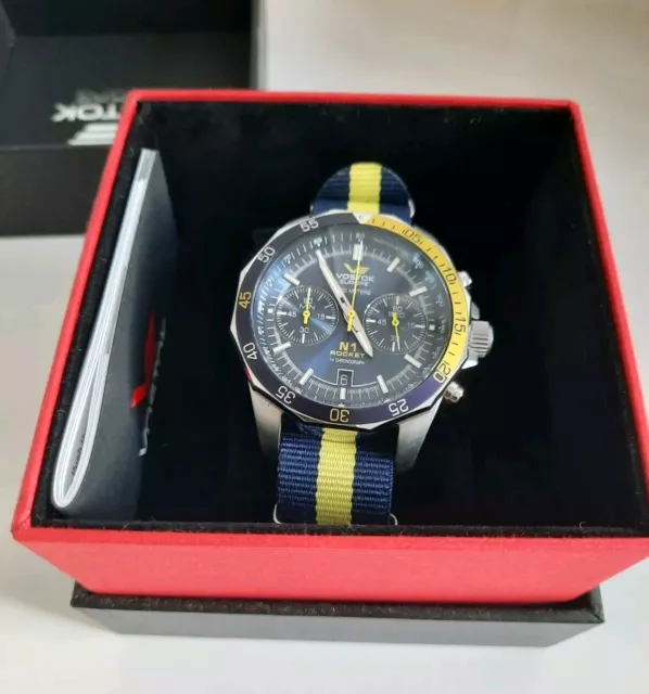 Vostok Europe N1 Rocket Quartz Chronograph Blue Yellow 46 mm w Leather Strap