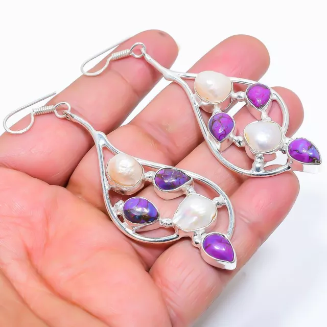 Copper Purple Turquoise, Pearl 925 Sterling Silver Jewelry Earring 3.15" T974
