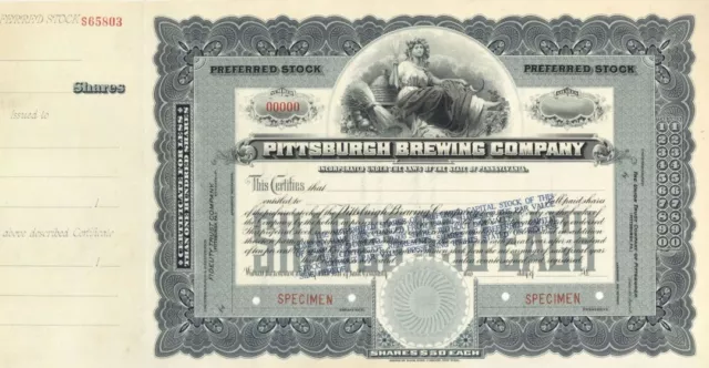 Pittsburgh Brewing Co. - Specimen Stock Certificate - Available in Green Only -