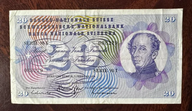 1973 Switzerland 20 Francs Swiss Banknote