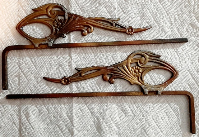 2 Antique Art Deco Curtain/Drapery Rod Swing Arm Brackets Scrolled Floral