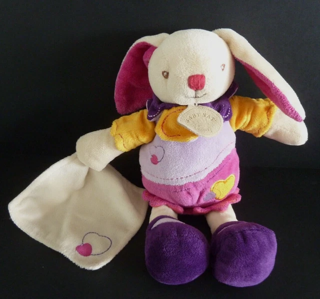 J7. DOUDOU BABY NAT LAPIN rose violet orange mouchoir blanc coeur  27cm - TBE