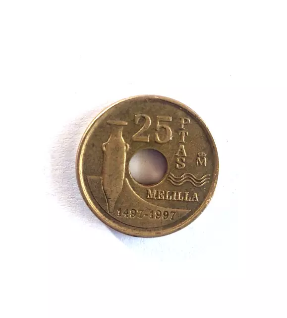 PESETAS, Moneda de 25 pesetas Melilla año 1997 con agujero central