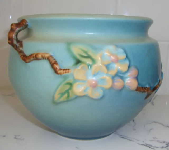 SWEET 1940s ROSEVILLE APPLE BLOSSOM JARDINIERE PLANTER POT BOWL 300-4 BLUE PINK