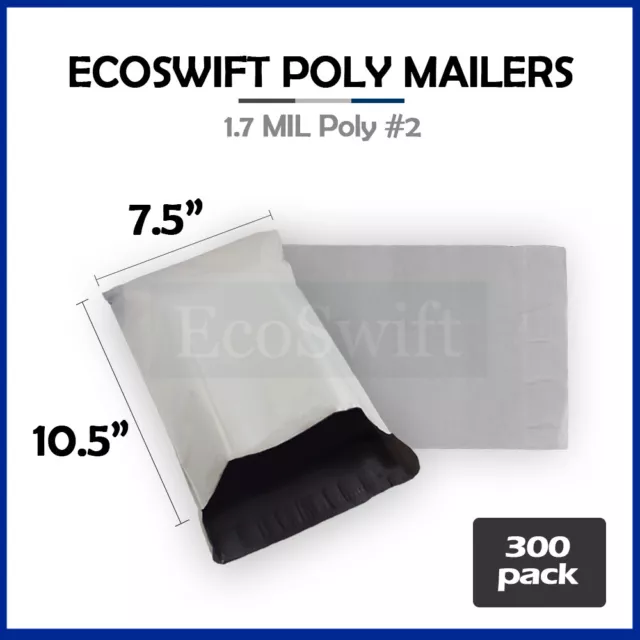 300 7.5 x10.5 EcoSwift White Poly Mailer Shipping Envelope Self Seal Bags 1.7MIL