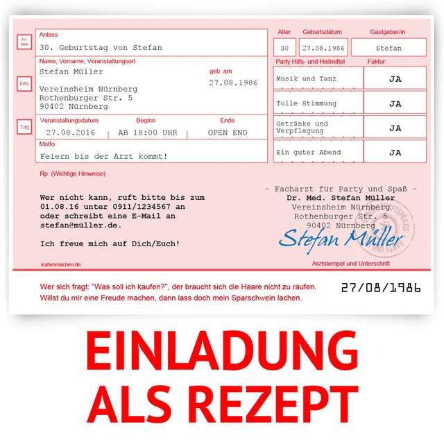 Einladungskarten zum Geburtstag als ärztliches Rezept Rosa Medizin Verschreibung