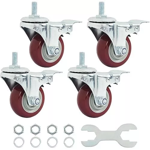 Swivel Caster Wheels 3 Inch Threaded Stem Casters Set of 4 Heavy Duty 1/2-13 X
