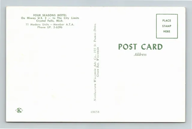 Crystal Falls, MI-Michigan, Four Seasons Motel Vintage Postcard 2