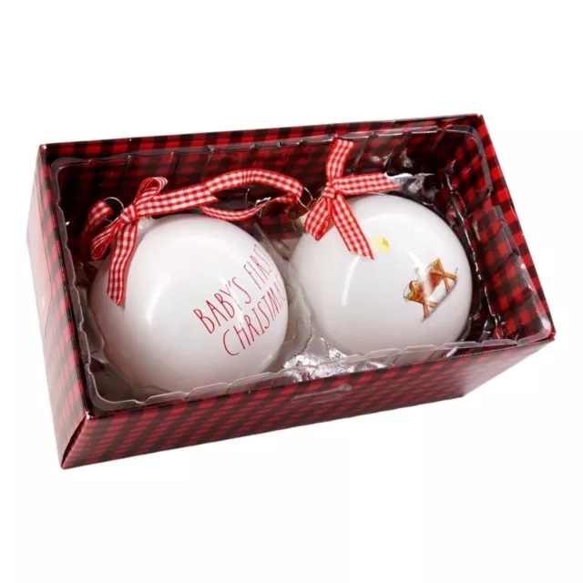 Rae Dunn Babys First Christmas Set of 2 Red White Ornaments Newborn Gift New