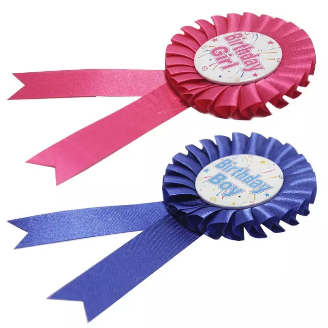 Happy Birthday Party Boys Badge/Girls Badge Rosette Blue Pink Ribbon