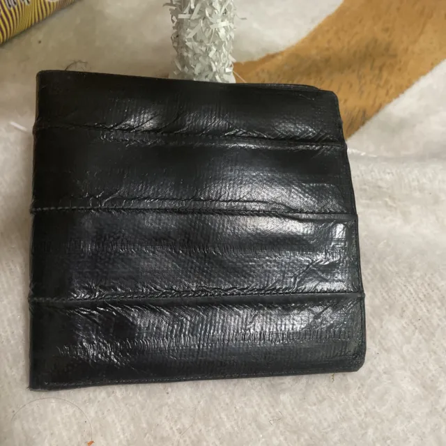 Vintage Genuine EEL Skin Leather Bifold Mens Wallet Credit Card Black Exeter Ltd