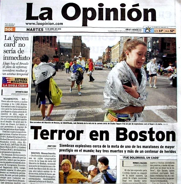 Boston Marathon Bombings Newspaper Los Angeles La Opinion 4/16/2013 Terrorists