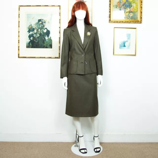 Vintage 70s Green Wool Skirt Suit Single Breasted Blazer Size M UK 12