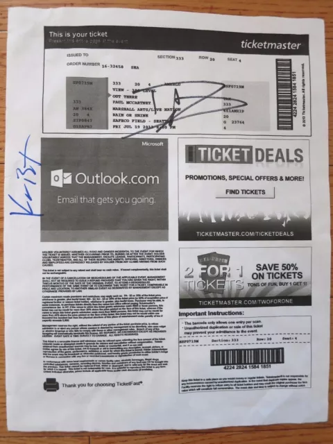 Dave Grohl signed Paul McCartney ticket coa + Proof! Nirvana Foo Fighters Krist