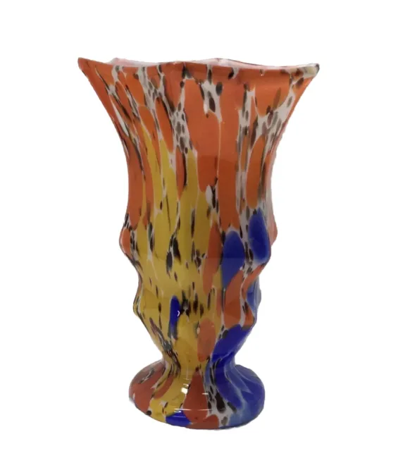 Czechoslovakian Glass Vase Multi Color Hexagon Top Vintage