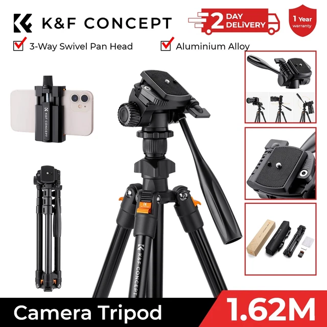 K&F Concept Travel Pro Camera Tripod with 3-Way Swivel Pan Tilt Head Video Stand