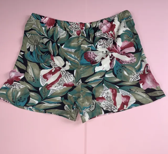 Vintage Green and Pink Orchid Hawaiian Print High Waist Shorts