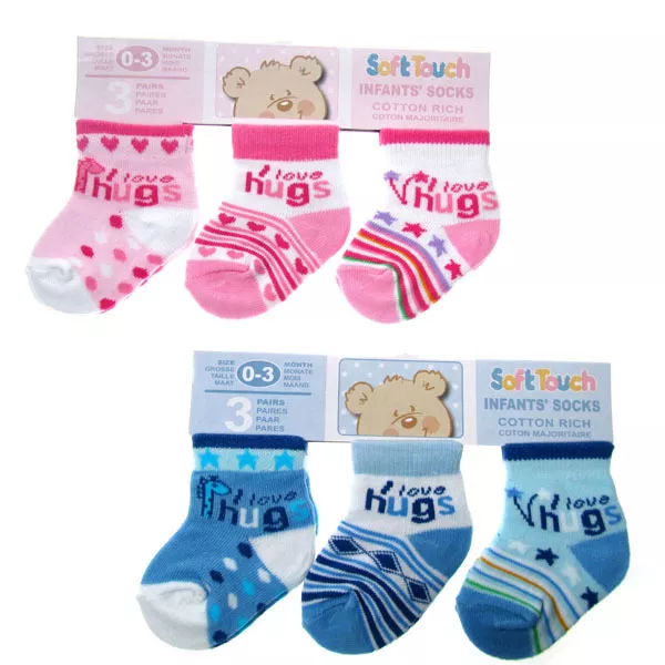 Newborn Baby Toddlers 3 Pairs Socks Boys Girls Pink Blue Gift Set 0-12mths