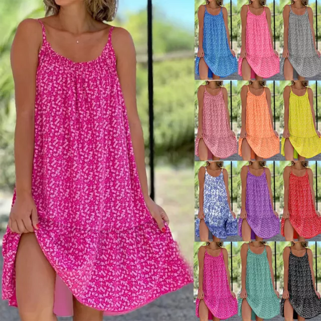 Womens Summer Beach Sleeveless Printed Dress Ladies Casual Strappy Mini Dress
