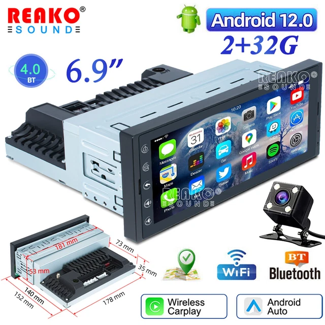 Carplay Single 1 DIN Car Stereo Radio GPS WIFI 6.9'' Android 12 Touch Screen+Cam