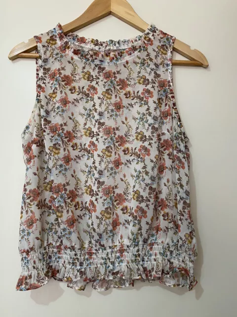 Ladies Cream Floral DOTTI Top Size 10 Sleeveless Semi Sheer Blouse