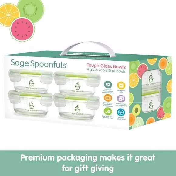 NEW! Sage Spoonfuls Tough Glass Bowls Baby Food Storage Containers - 4 Pack, 7oz