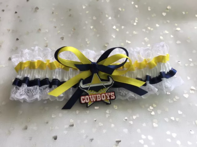 AU Licenced NRL Cowboys tag on white bridal Wedding Garter regular/ Plus Sizes