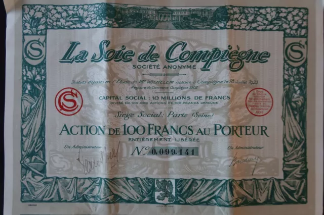 Action 1925 LA SOIE DE COMPIEGNE silk titre bond share 6