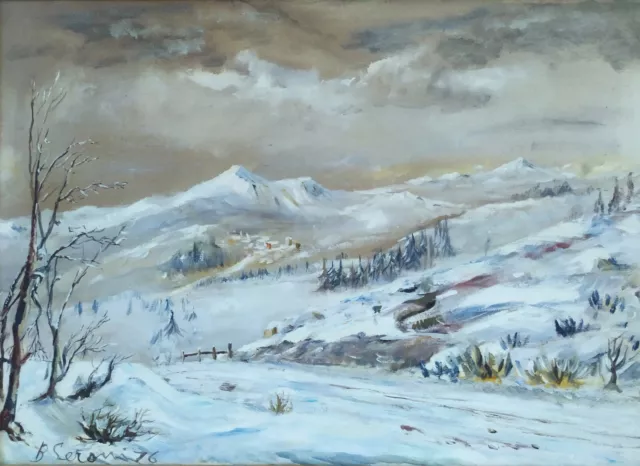 Chute de Neige Paysage d'hiver Montagnes Peinture à Huile Réaliste signée