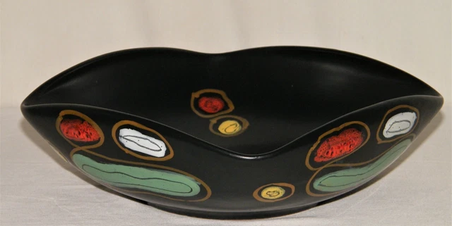 Vtg Mid Century Modern ITALIAN LOW BOWL ART POTTERY~Black W Multi-Colors~Marked
