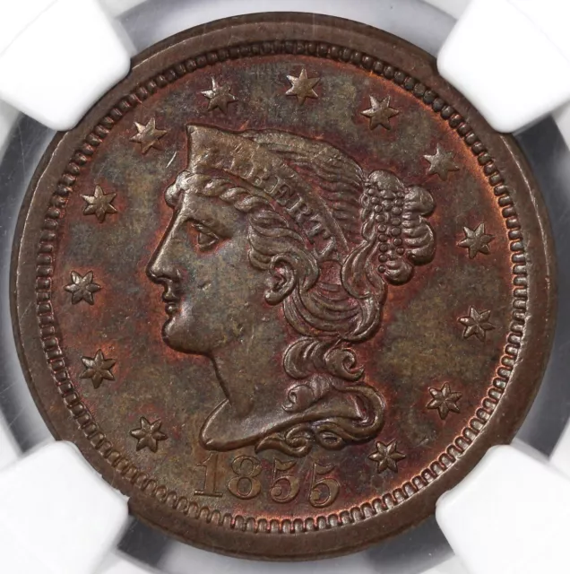 1855 1c Upright 55 Braided Hair Large Cent NGC MS 62 BN