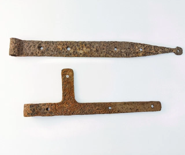 2 Antique Door Hinge Barn Cast Iron Strap Rustic Metal Primitive Weathered Metal
