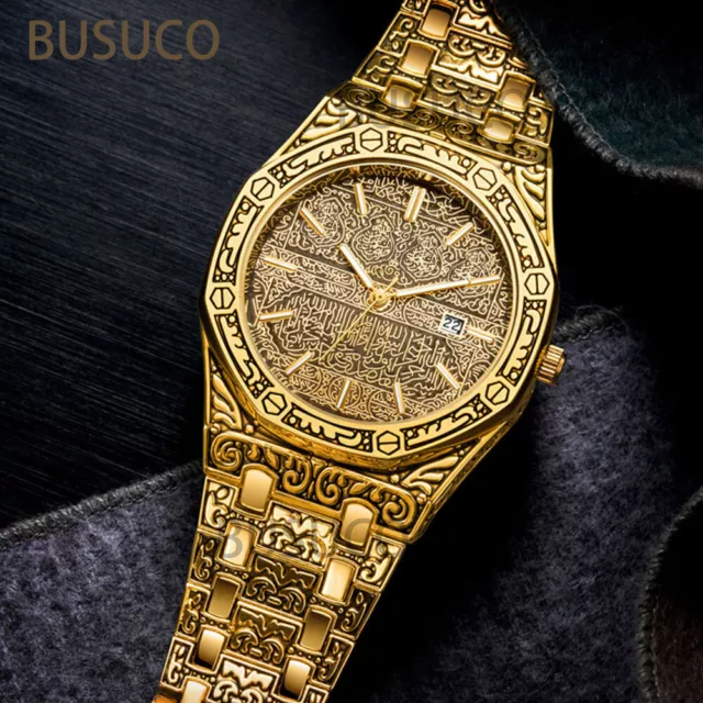 Fashion Luxury Mens Watches Retro Stainless Steel Carved Date Quartz Wrist Watch