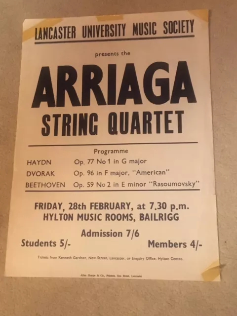 Vintage 60s Poster ARRIAGA STRING QUARTET Lancaster University Music Society