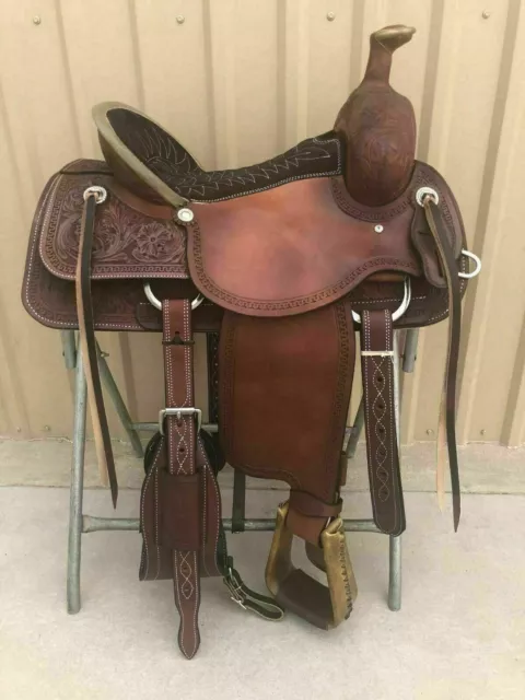 Western D Brown Leather Hand Carved Roper Ranch Saddle: 25.4cm - 45.7cm