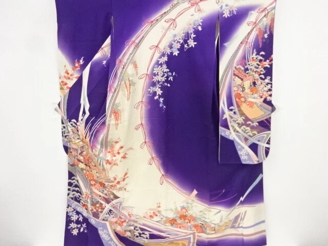 86005# Japanese Kimono / Antique Furisode / Embroidery / Carriage With Ume &