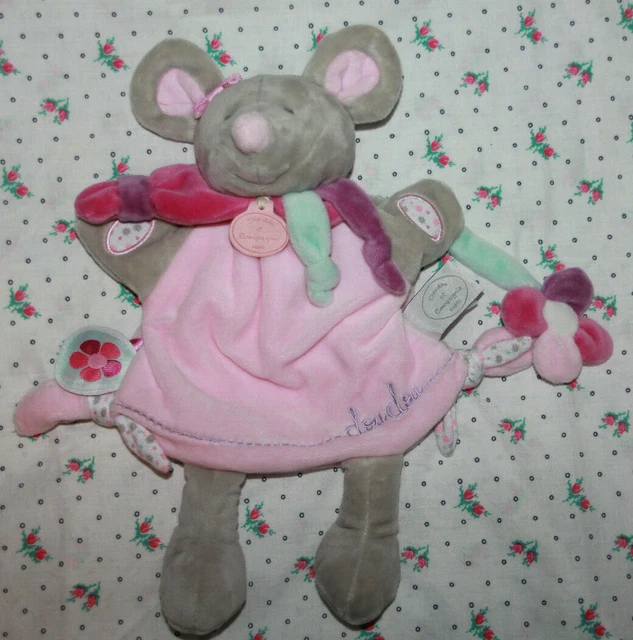 Doudou Et Compagnie Pearly Souris Marionnette Rose Gris Fleur Neuf
