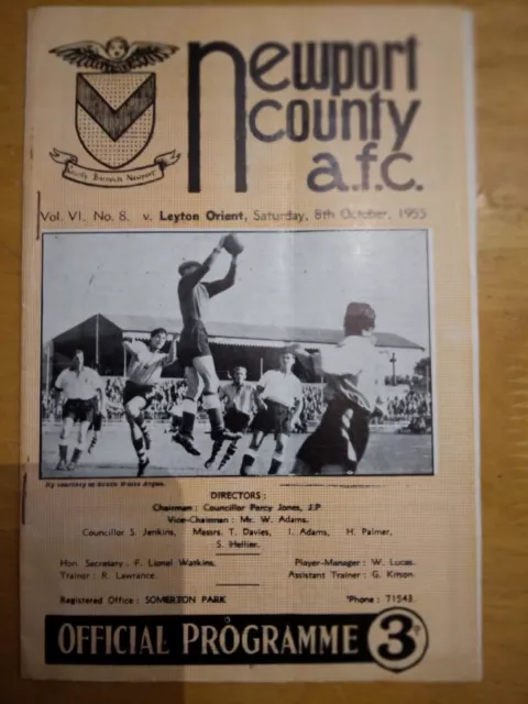 Newport County Vs Leyton Orient. 08/10/1955. Div 3 Sth. Very good cond Free P&P.